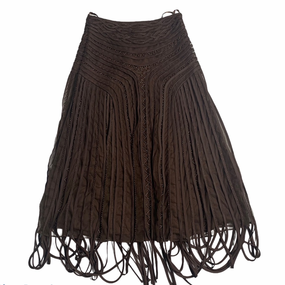 Vintage Nina Austin Brown Midi Beaded Fringe Skirt